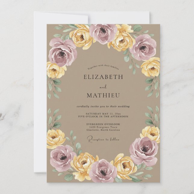 Invitation Mariage Botanique Laurier Jaune Mauve (Devant)