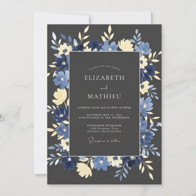 Invitation Mariage Botanique Laurier Navy (Devant)