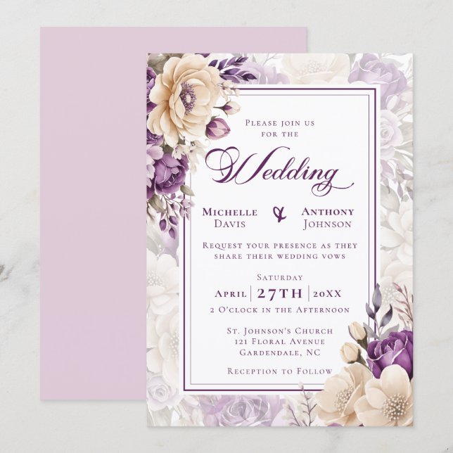 Invitation Mariage botanique lavande ivoire (Devant / Derrière)