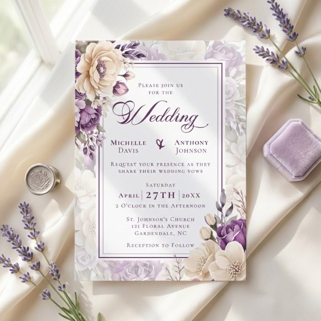 Invitation Mariage botanique lavande ivoire (Ivory Lavender Botanical Wedding Invitation)