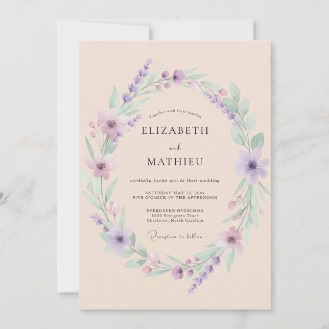 Invitation Mariage Botanique Lavande Pêche Pâle (Devant)