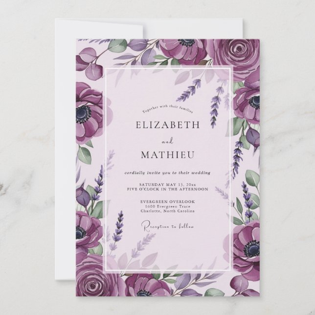 Invitation Mariage botanique lavande pourpre (Devant)