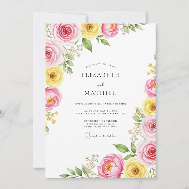 Invitation Mariage Botanique Lumineux Jaune Rose (Devant)