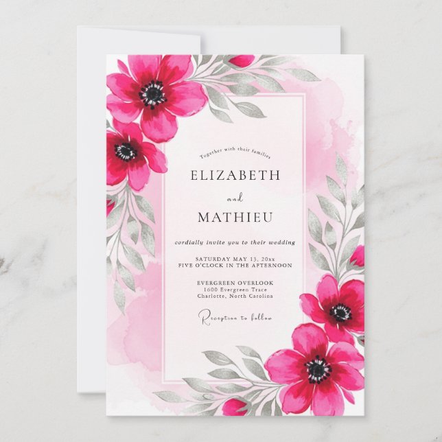 Invitation Mariage Botanique Lumineux Magenta (Devant)