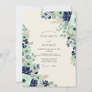 Invitation Mariage Botanique Lumineux Navy Seafoam