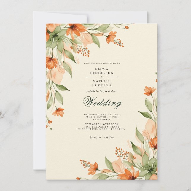 Invitation Mariage Botanique Lumineux Orange (Devant)