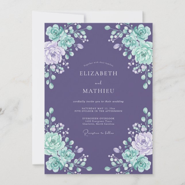 Invitation Mariage Botanique Lustré au Prune (Devant)