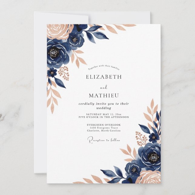 Invitation Mariage Botanique Luxe Bleu Nuit (Devant)