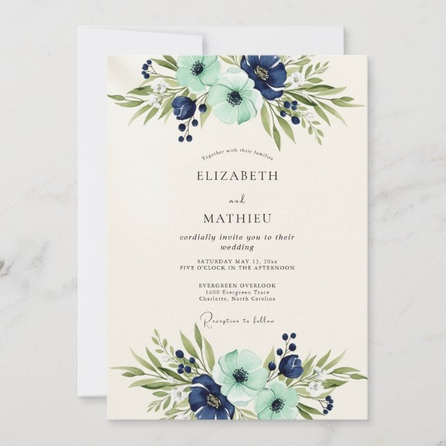 Invitation Mariage Botanique Luxueux Bleu Marine et Sarcelle (Devant)