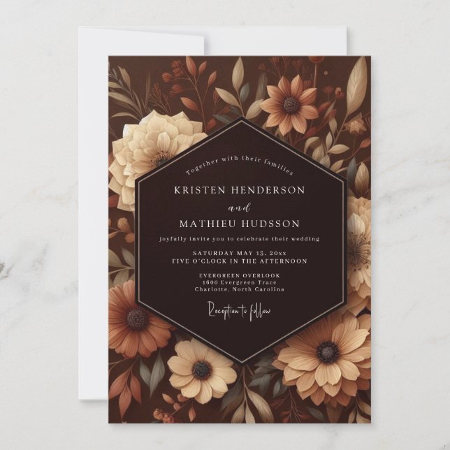 Invitation Mariage Botanique Luxueux Brun (Devant)
