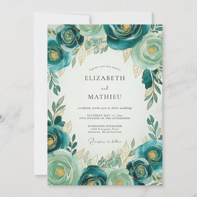 Invitation Mariage Botanique Luxueux Or Sarcelle (Devant)