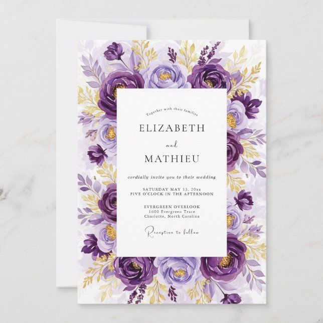 Invitation Mariage Botanique Luxueux Violet (Devant)