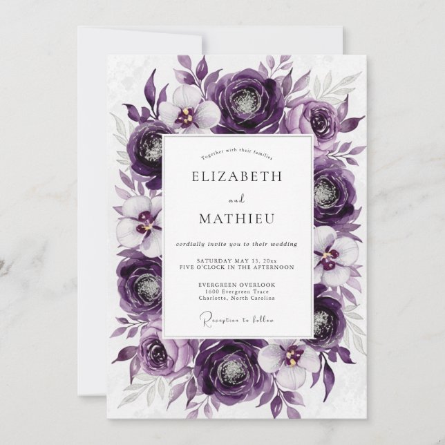 Invitation Mariage botanique luxueux violet (Devant)