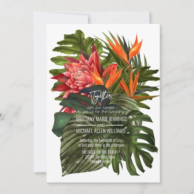 Invitation Mariage Botanique Luxuriant à la Brise Tropicale (Devant)