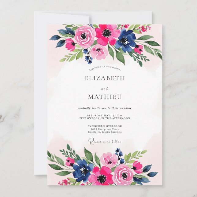 Invitation Mariage Botanique Luxuriant Bleu Marine Rose (Devant)