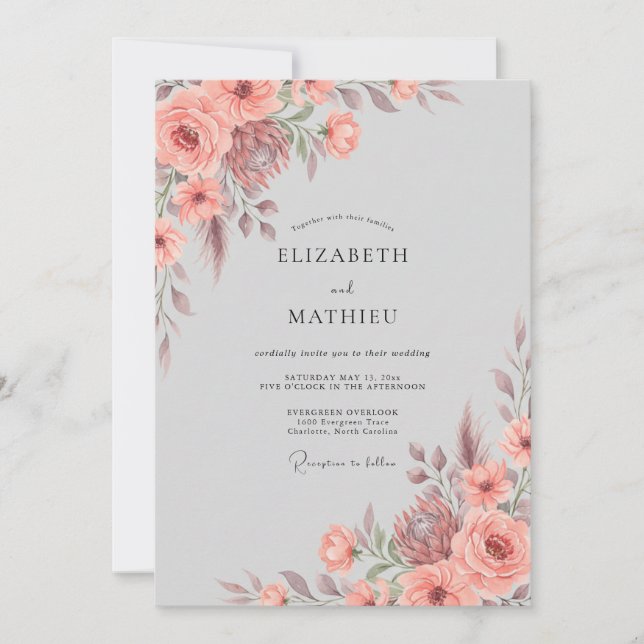 Invitation Mariage botanique luxuriant de corail (Devant)