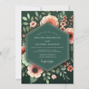 Invitation Mariage botanique luxuriant Émeraude et pêche
