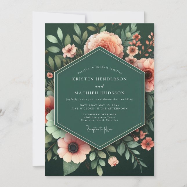 Invitation Mariage botanique luxuriant Émeraude et pêche (Devant)