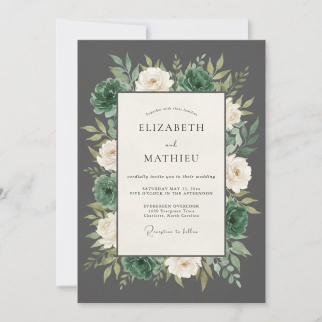 Invitation Mariage Botanique Luxuriant Gris Ardoise (Devant)