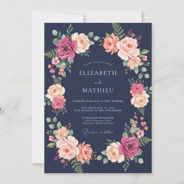 Invitation Mariage Botanique Luxuriant Magenta Navy (Devant)