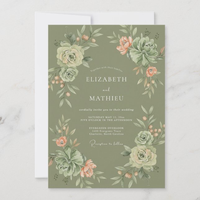 Invitation Mariage Botanique Luxuriant Vert Olive (Devant)