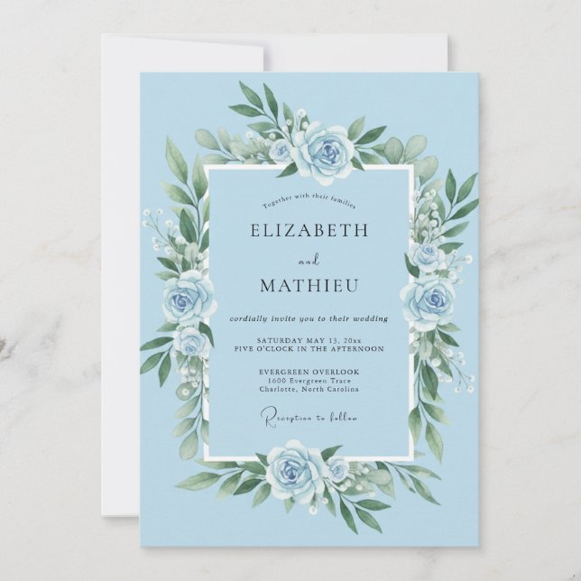 Invitation Mariage Botanique Lyrique Bleu Ciel (Devant)