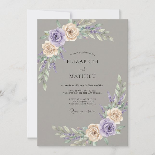 Invitation Mariage Botanique Lyrique Taupe (Devant)