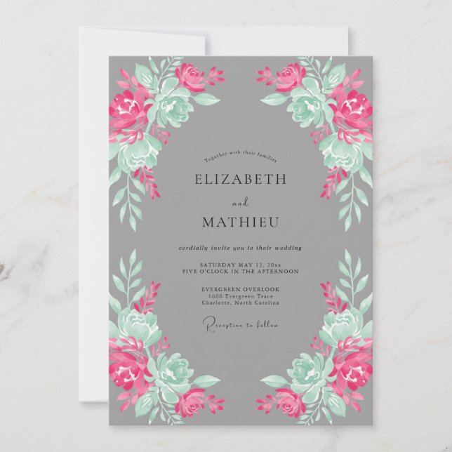 Invitation Mariage Botanique Magenta Menthe (Devant)