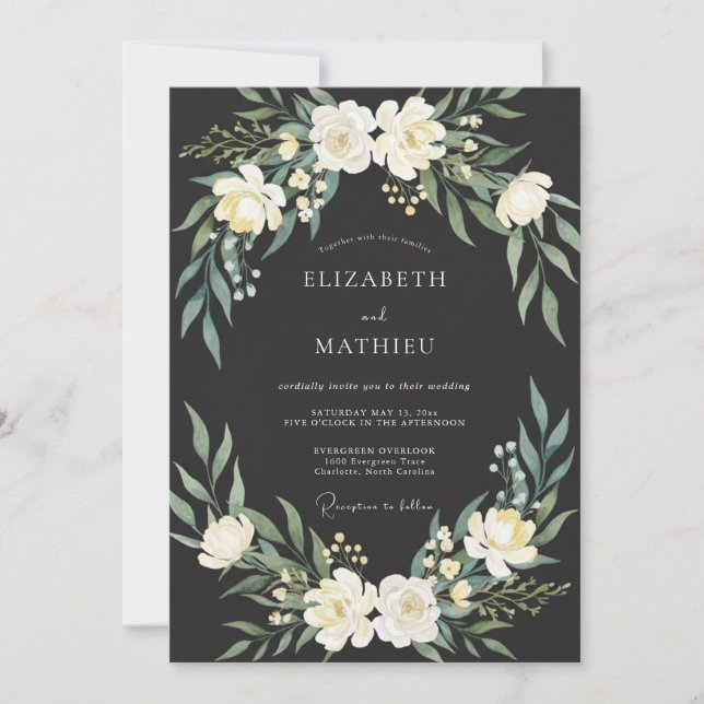 Invitation Mariage Botanique Majestueux au Charbon (Devant)