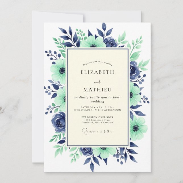 Invitation Mariage Botanique Majestueux Bleu Marine Sarcelle (Devant)