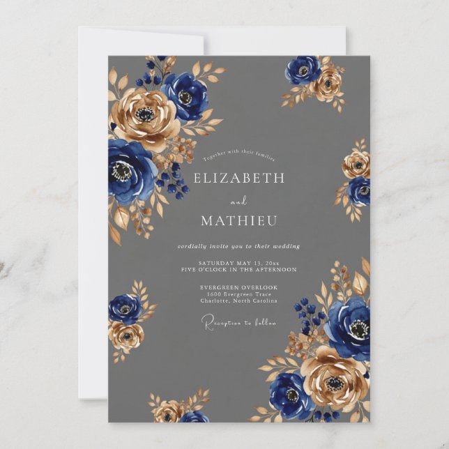 Invitation Mariage Botanique Majestueux Gris Charbon (Devant)