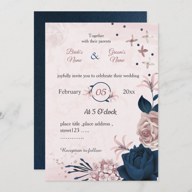 Invitation mariage botanique marine & fleurs roses (Devant / Derrière)