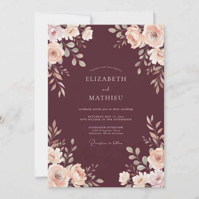 Invitation Mariage Botanique Marron Clair Atmosphérique (Devant)