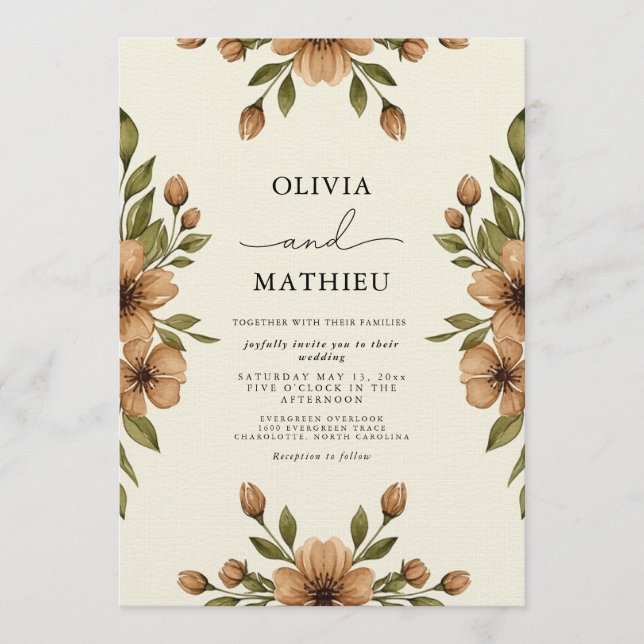 Invitation Mariage botanique marron fantaisie (Devant)