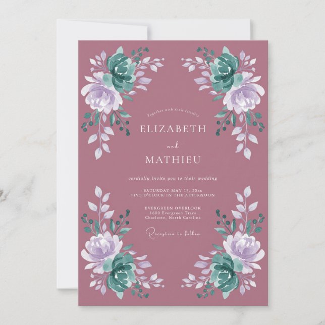 Invitation Mariage Botanique Mauve Orné de Sarcelle (Devant)