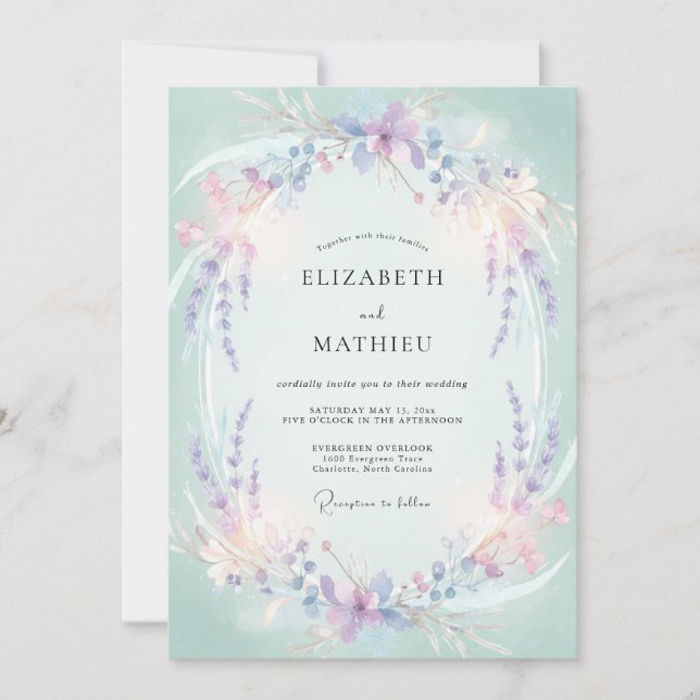 Invitation Mariage Botanique Menthe Pervenche Wisteria (Devant)