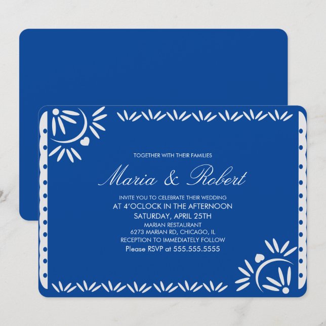 Invitation Mariage Botanique Mexicain Papel Picado Bleu (Devant / Derrière)