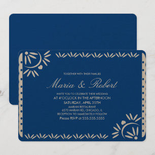 Invitation Mariage Botanique Mexicain Papel Picado Bleu