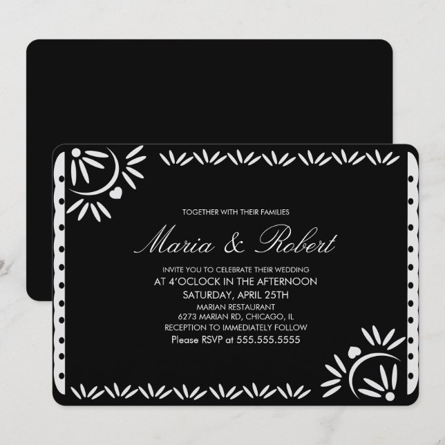 Invitation Mariage Botanique Mexicain Papier Découpé Noir (Devant / Derrière)
