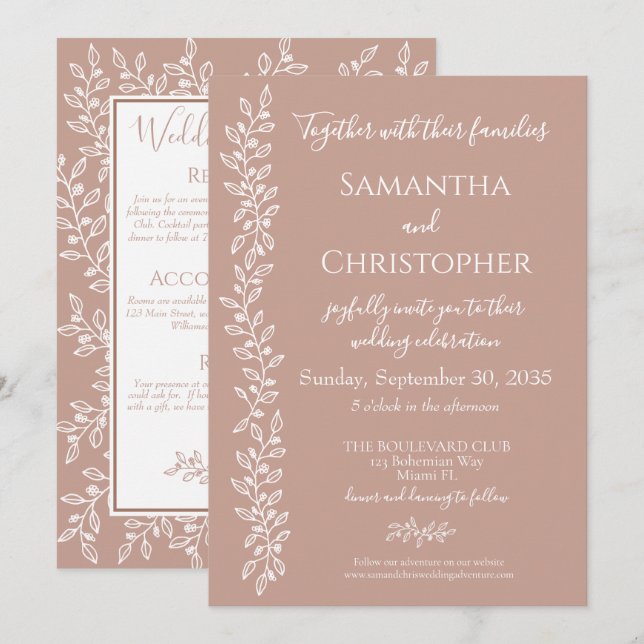 Invitation Mariage botanique minimal Boho Blush rose moderne (Devant / Derrière)