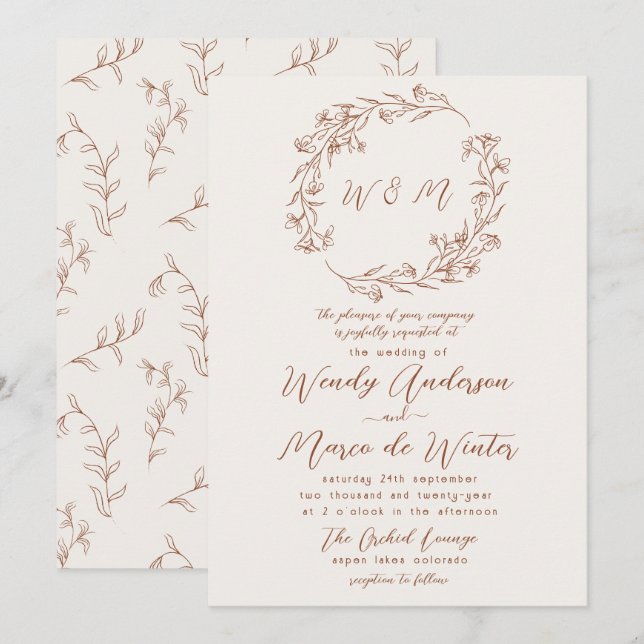 Invitation Mariage botanique minimal en terre cuite (Devant / Derrière)