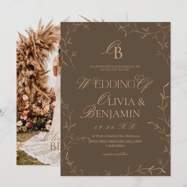 Invitation Mariage botanique minimaliste argent vieilli (Devant / Derrière)
