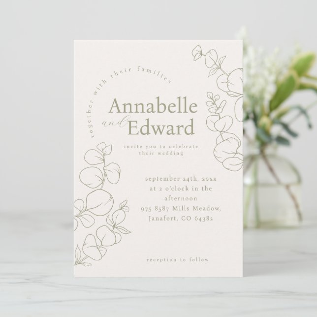 Invitation Mariage botanique minimaliste vert olive (Debout devant)