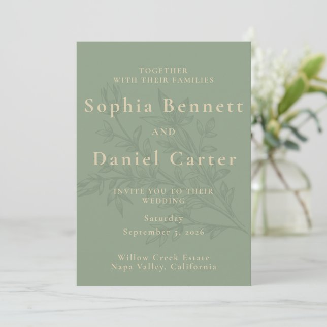 Invitation Mariage Botanique Minimaliste Vert Sauge (Debout devant)