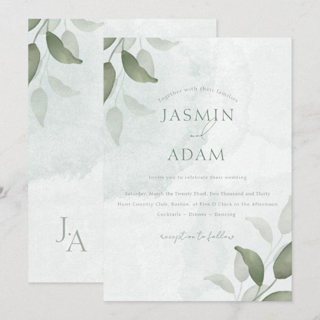 Invitation Mariage Botanique Minimaliste Vert Sauge (Devant / Derrière)