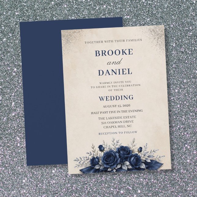 Invitation Mariage botanique moderne à la rose Navy drapée (Créateur téléchargé)