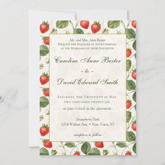 Invitation Mariage botanique moderne aux fruits d'été fraise (Devant)
