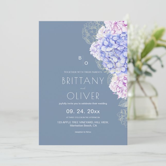 Invitation Mariage botanique moderne bleu poussiéreux et flor (Debout devant)