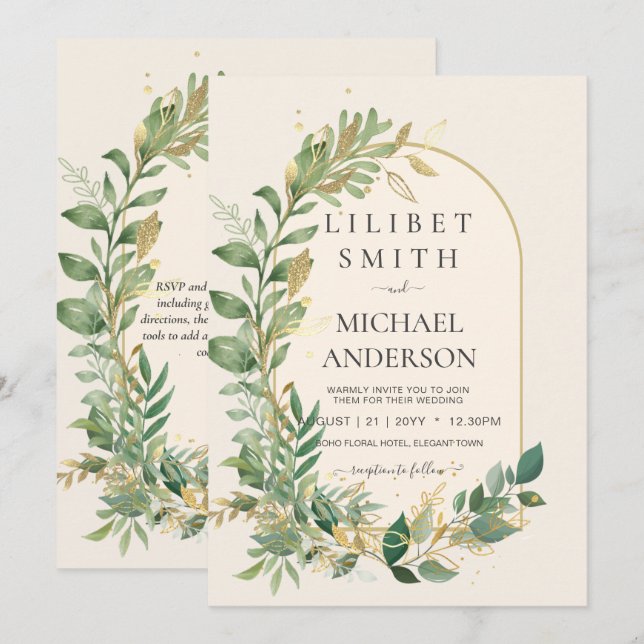 Invitation Mariage botanique moderne Cream Gold (Devant / Derrière)