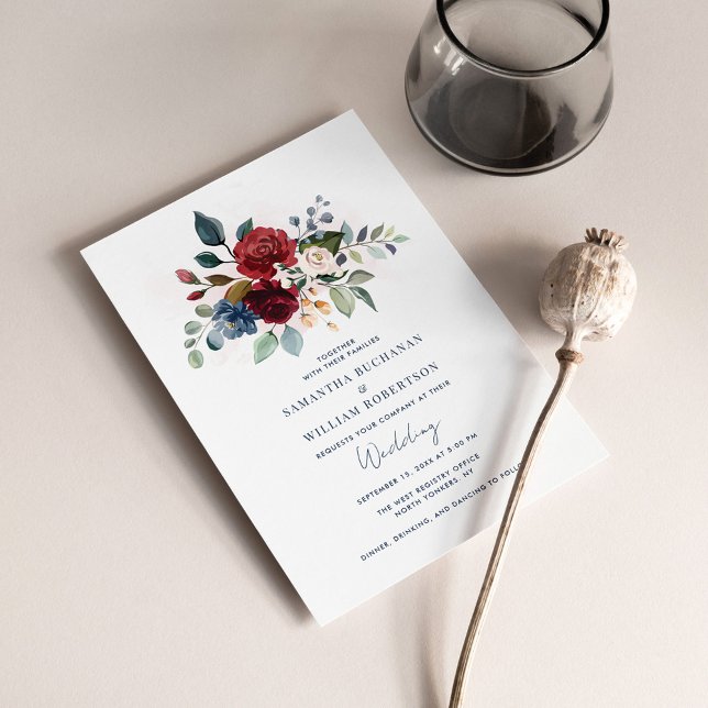 Invitation Mariage botanique moderne de Bourgogne (Elegant Script Floral Wedding Invitation)